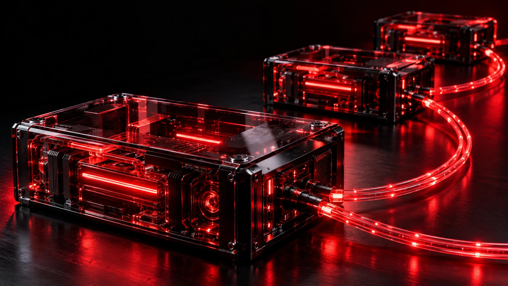 Three dark glass computing modules joined by illuminated red connections